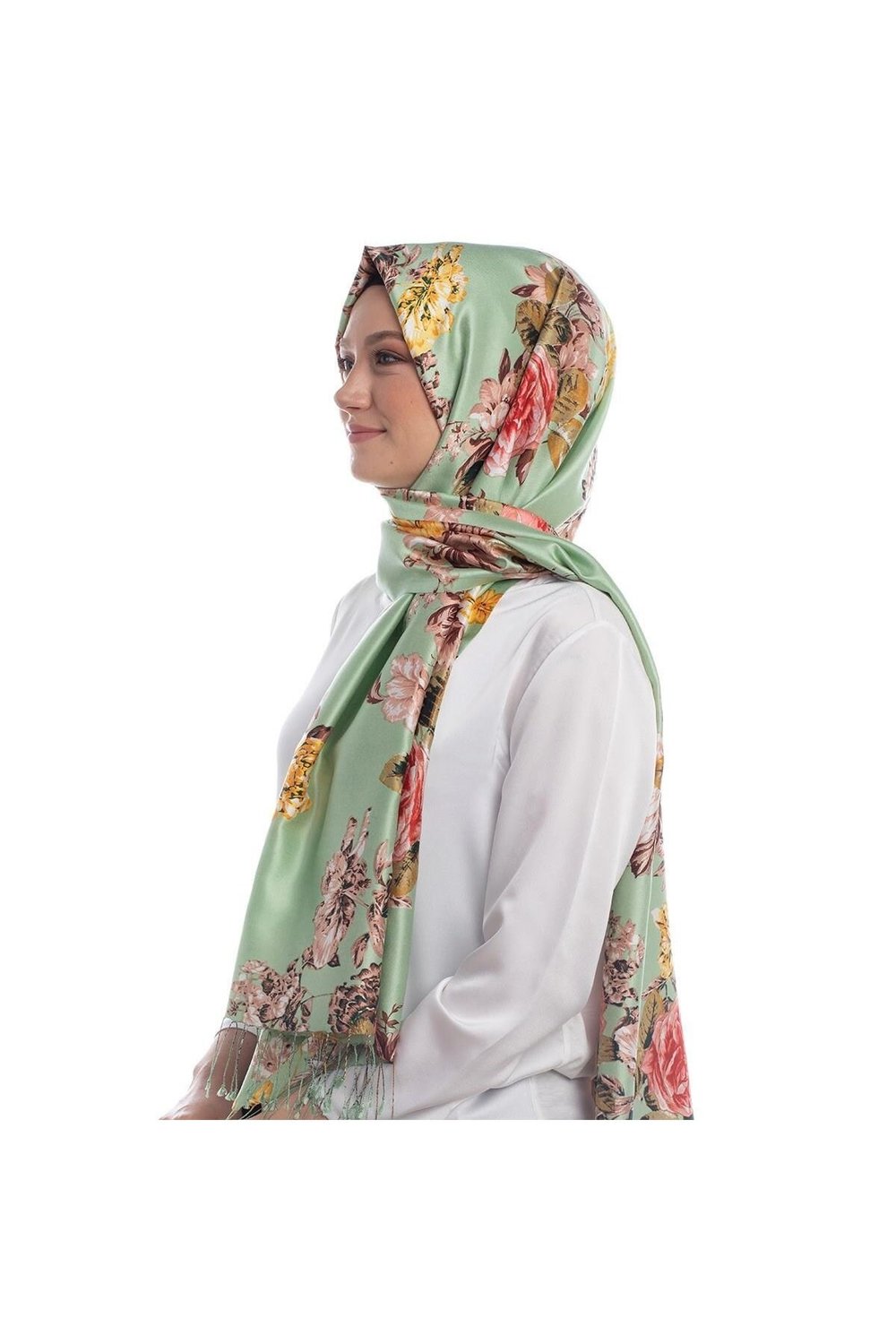 Desenli İpek Şal - Şakayık Bahçesi - Mint Yeşili
