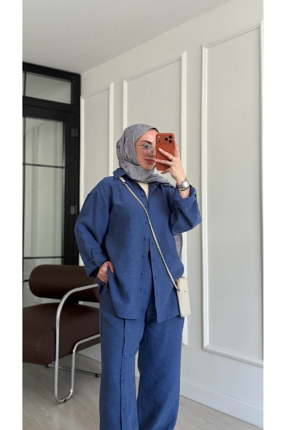 Kadın Düğme Detay Keten Takım