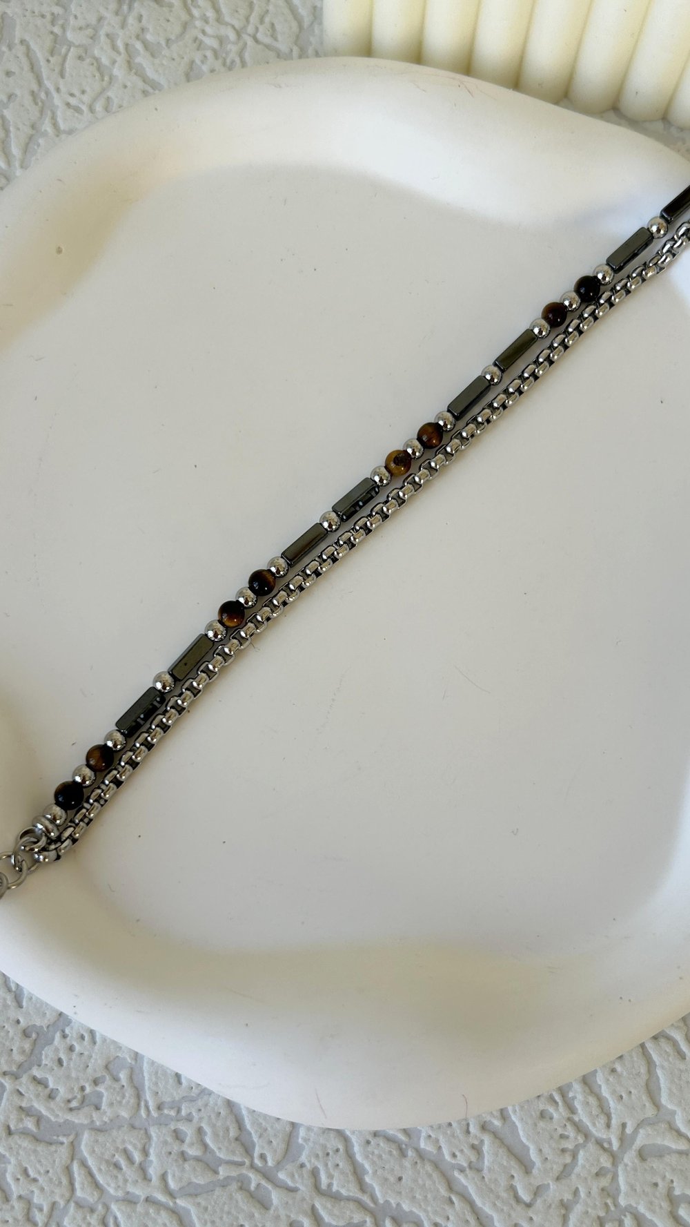 Çift Zincir Kahve Boncuk Detay Çelik Bileklik