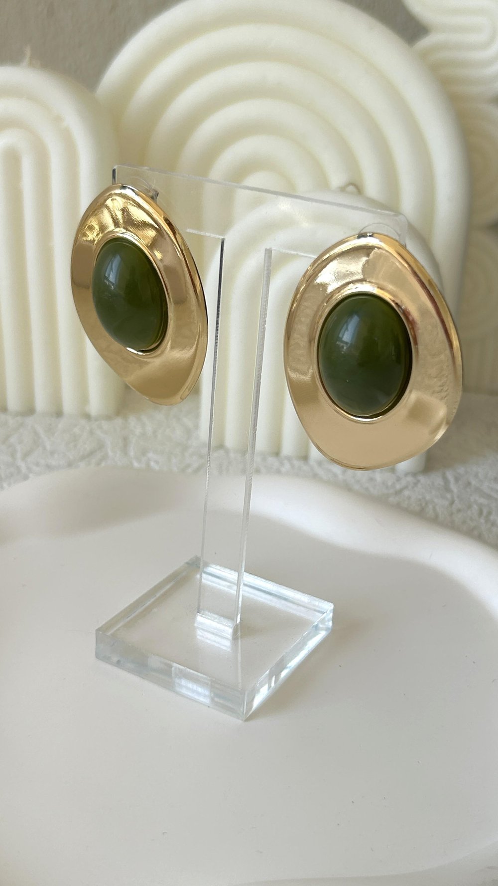 Özel Seri Yeşil-Gold Oval Küpe