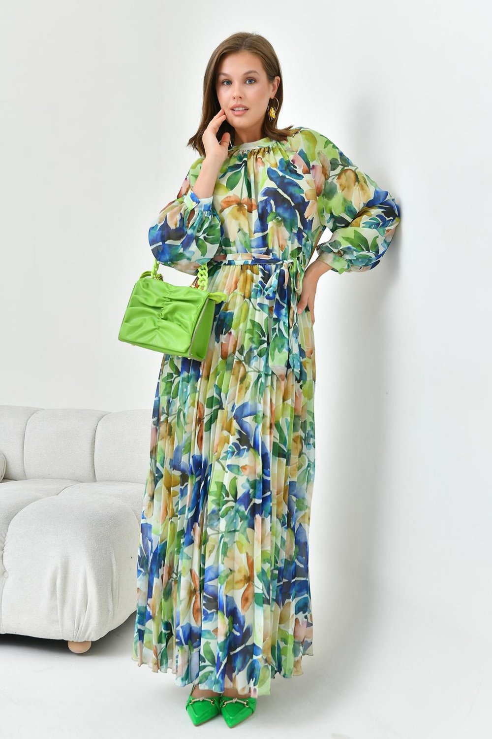 FTZ30871 Pliseli Şifon Elbise Sax