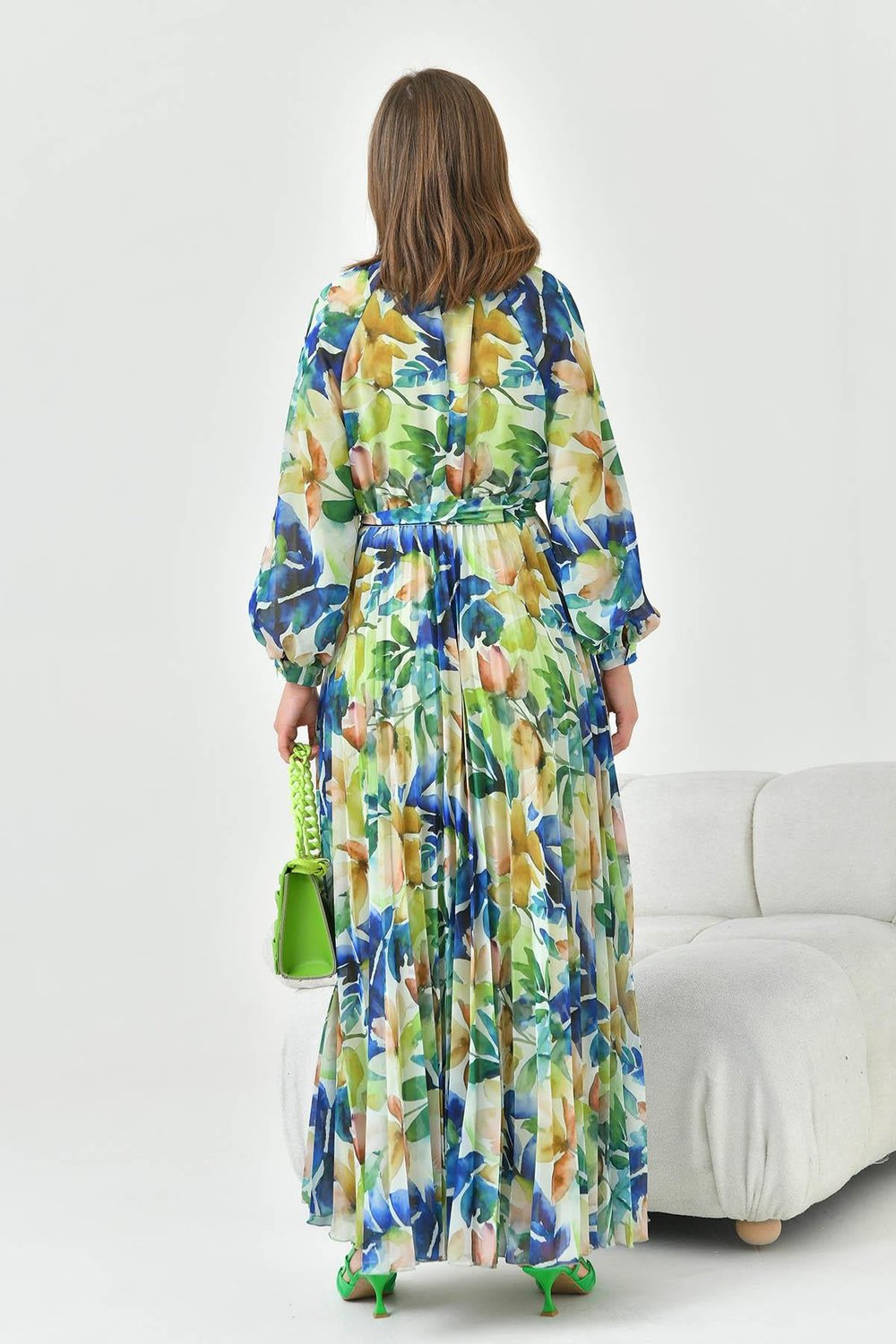 FTZ30871 Pliseli Şifon Elbise Sax