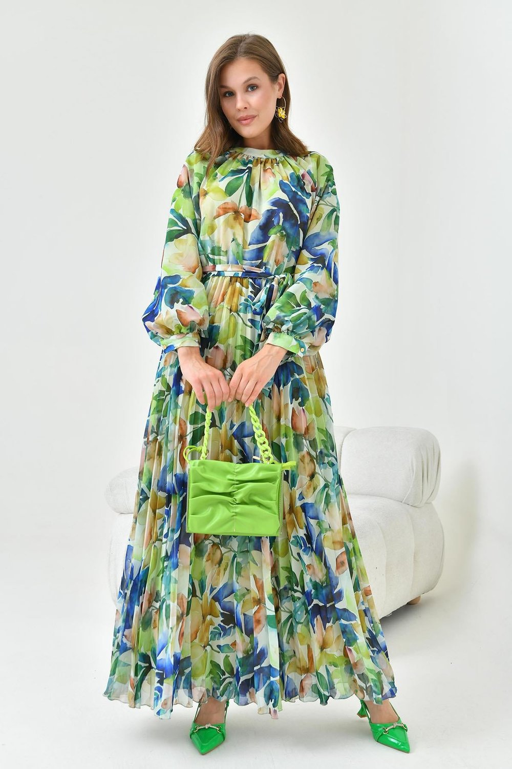 FTZ30871 Pliseli Şifon Elbise Sax