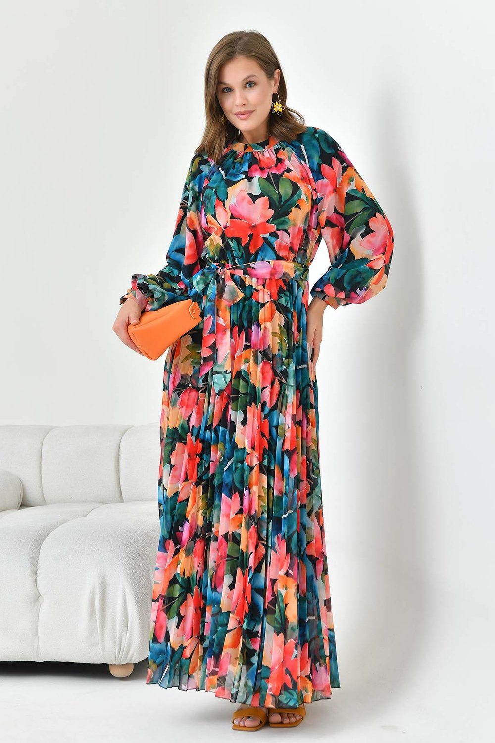 FTZ30871 Pliseli Şifon Elbise Siyah