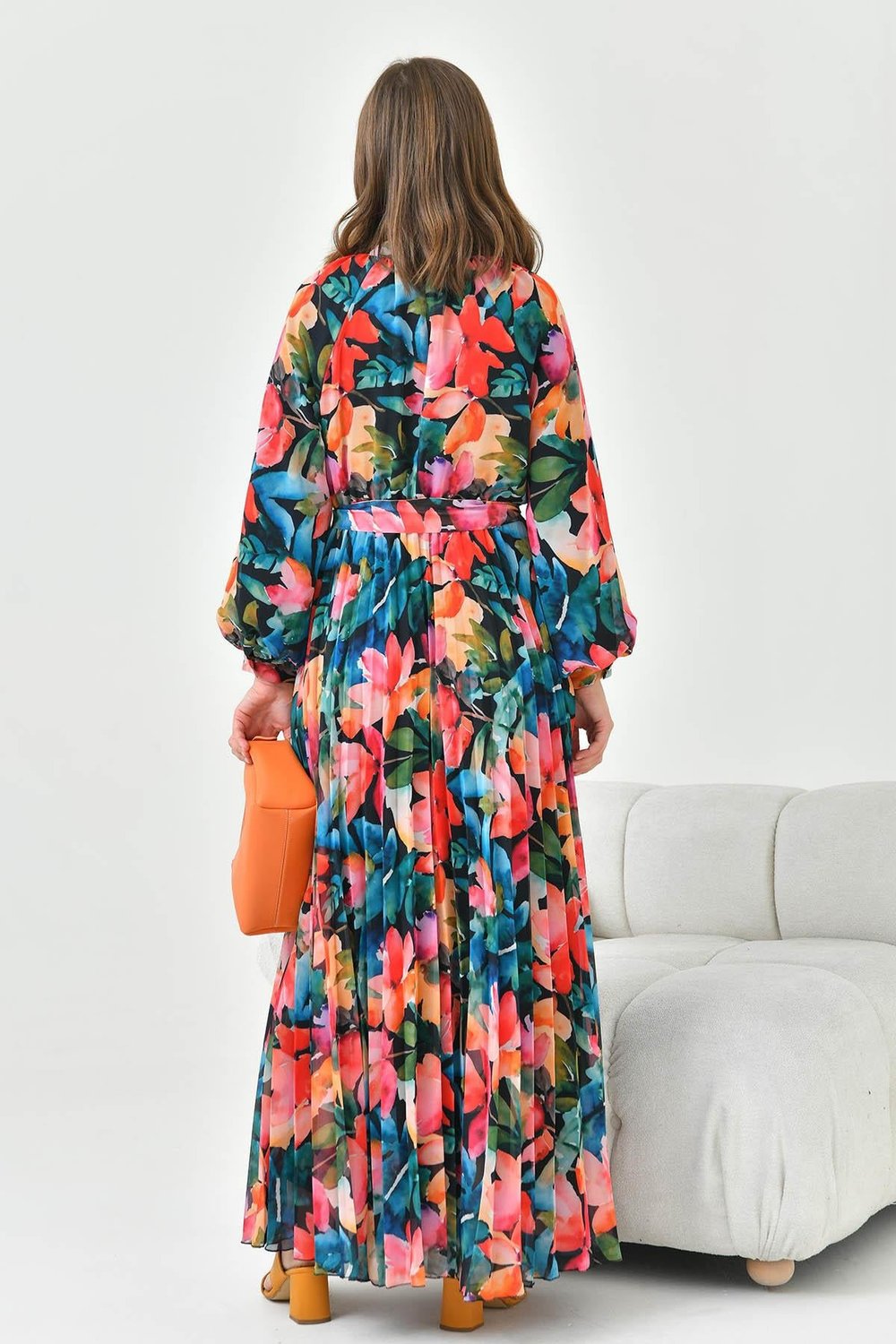 FTZ30871 Pliseli Şifon Elbise Siyah