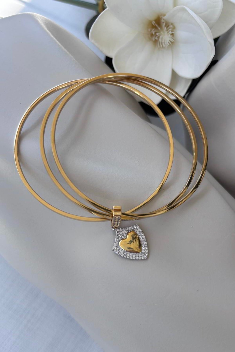 Çelik Gold Kalp Taşlı Bilezik