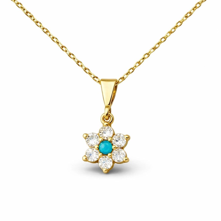 Gümüş Mavi Taşlı Gold Çiçek Kadın Kolye