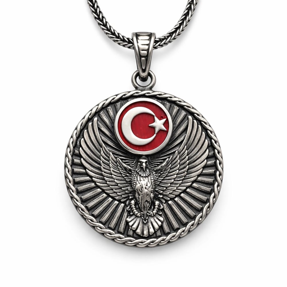 Gümüş Türk Kartalı ve Ay Yıldız Motifli Erkek Kolye