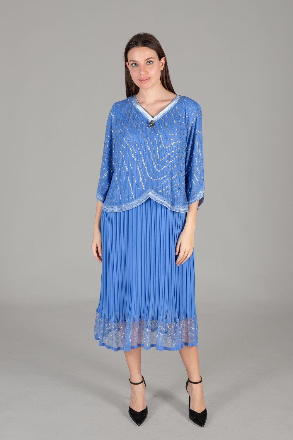 V Neck Chiffon Stone Embellished Dress