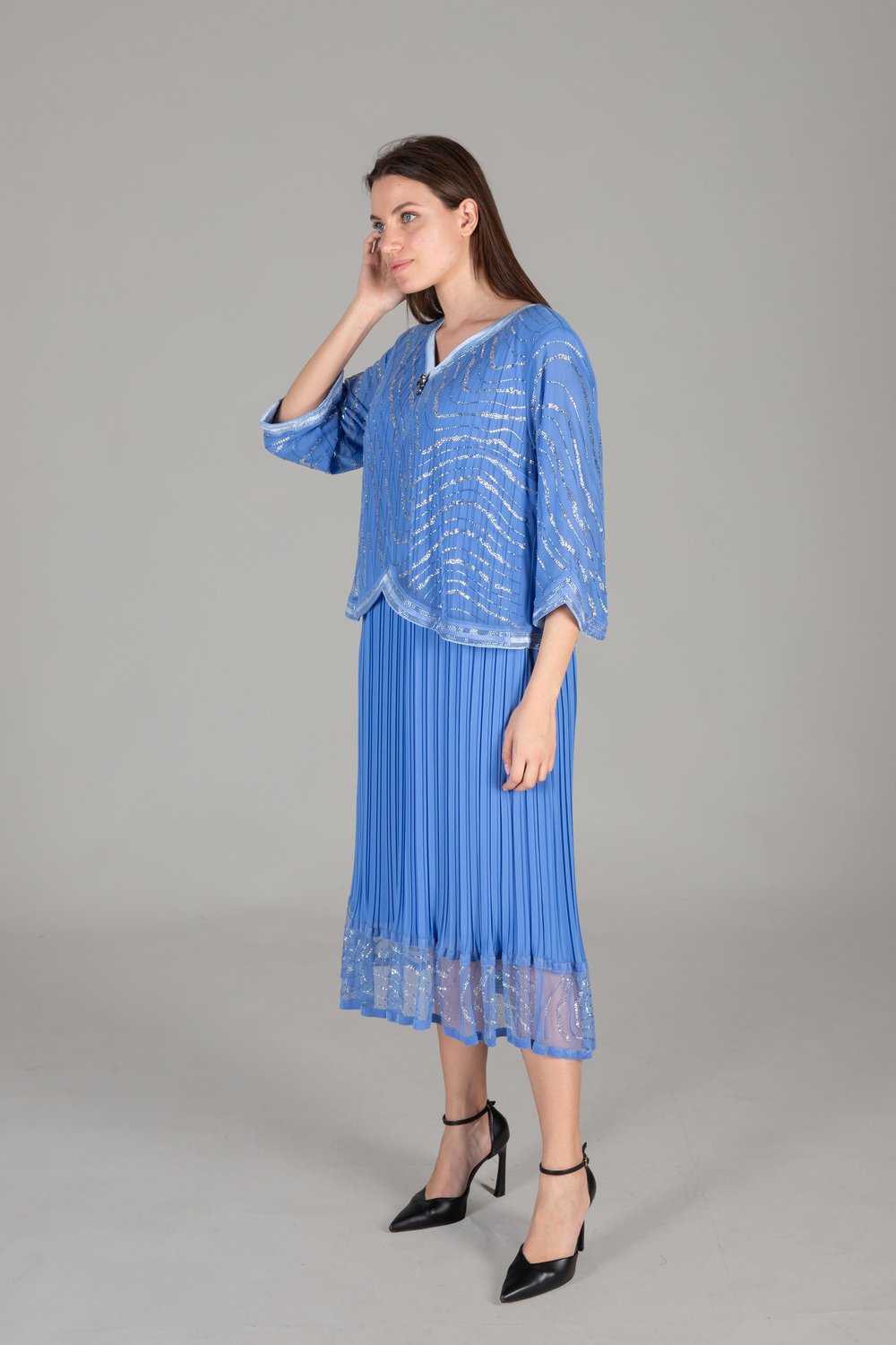 V Neck Chiffon Stone Embellished Dress
