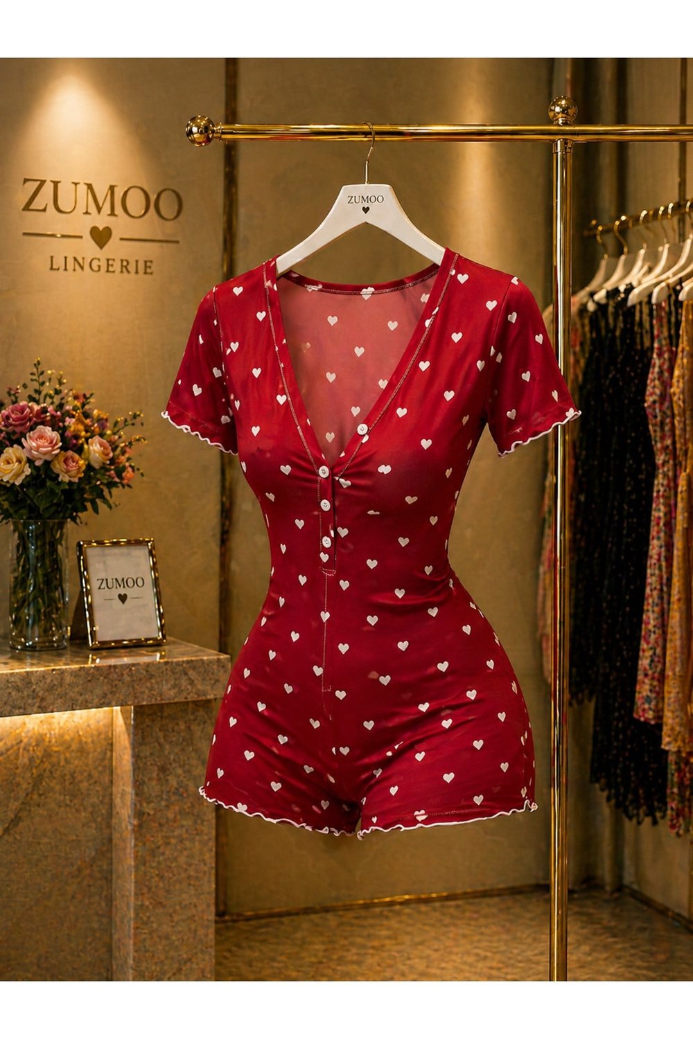 Kalp Desenli Kadın Tulum Pijama Düğmeli Şort Tulum Ev Giyim Rahat Şık
