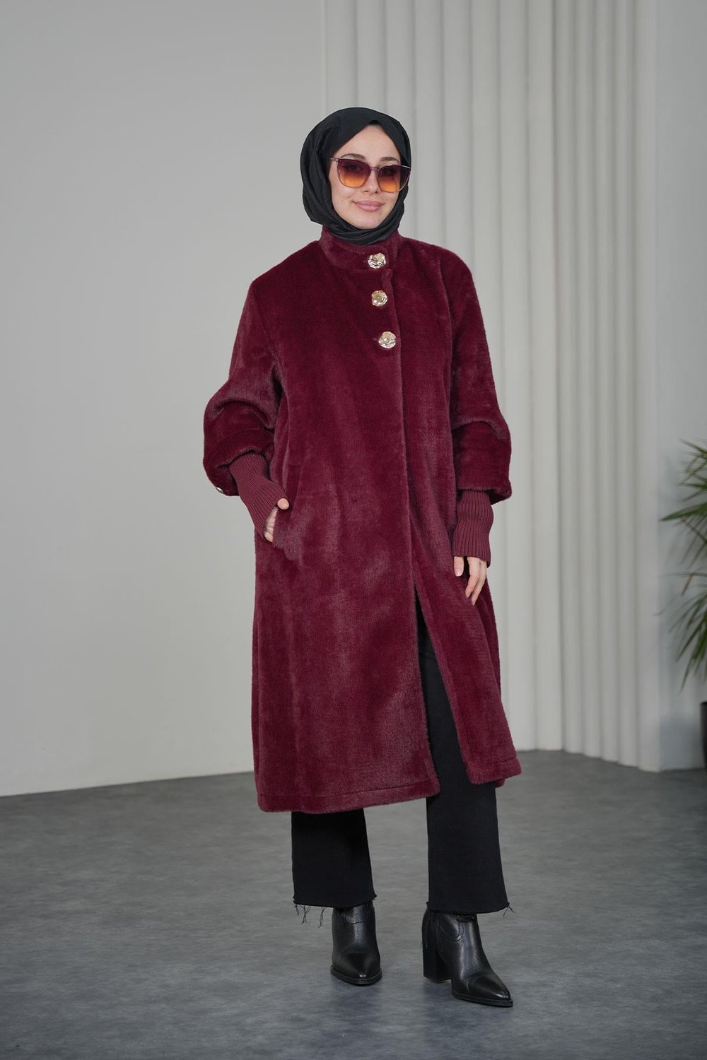 Gold Düğmeli Angora Kaban - Bordo