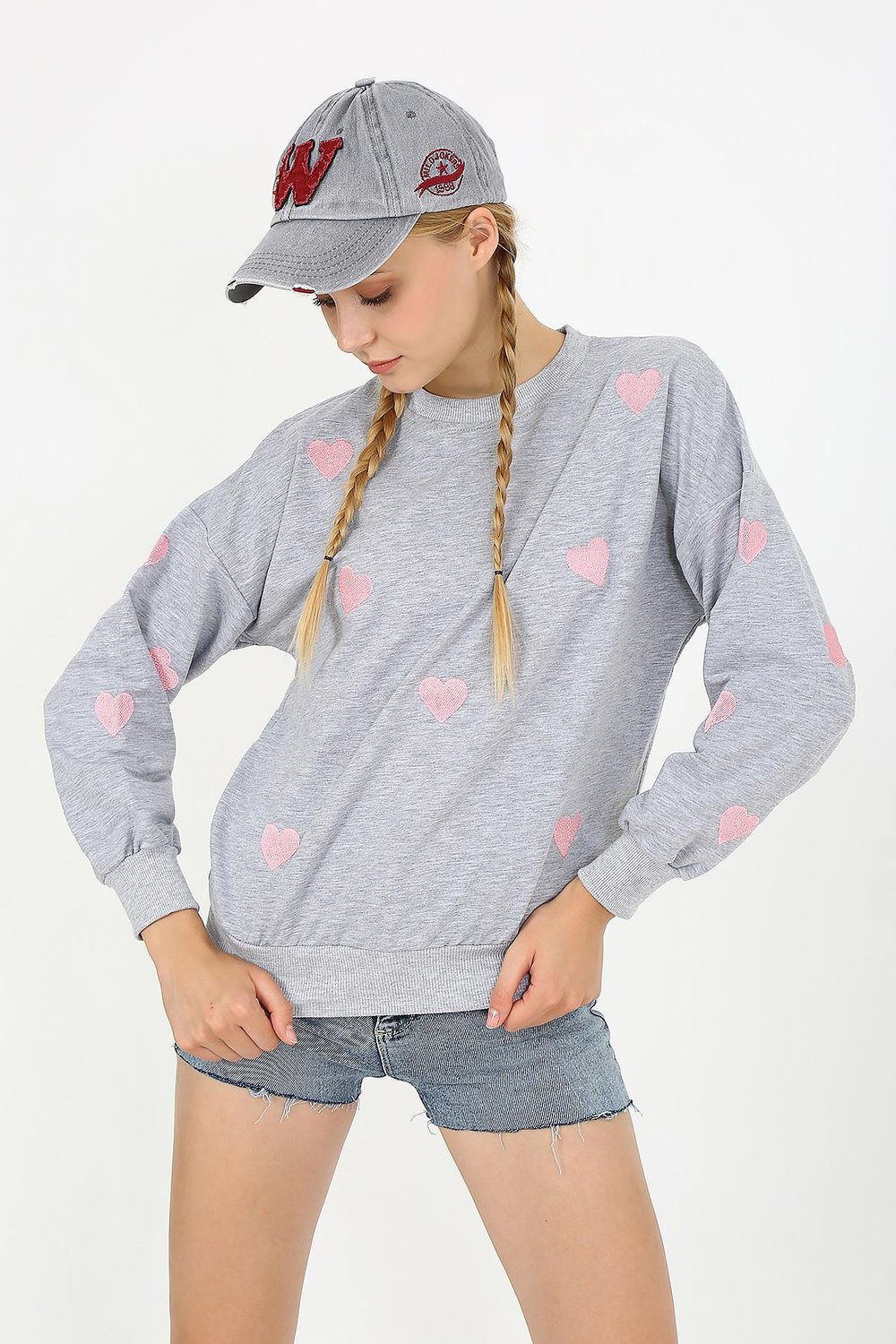 Kadın Iki Iplik Kumaş Kalp Nakışlı Oversize Sweatshırt 23534 -gri