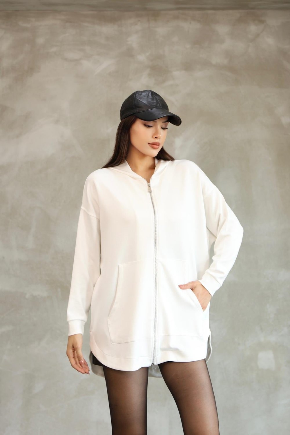 Kadın Premium Soft Modal Kapüşonlu Oversize Fermuarlı Sweatshirt 25518