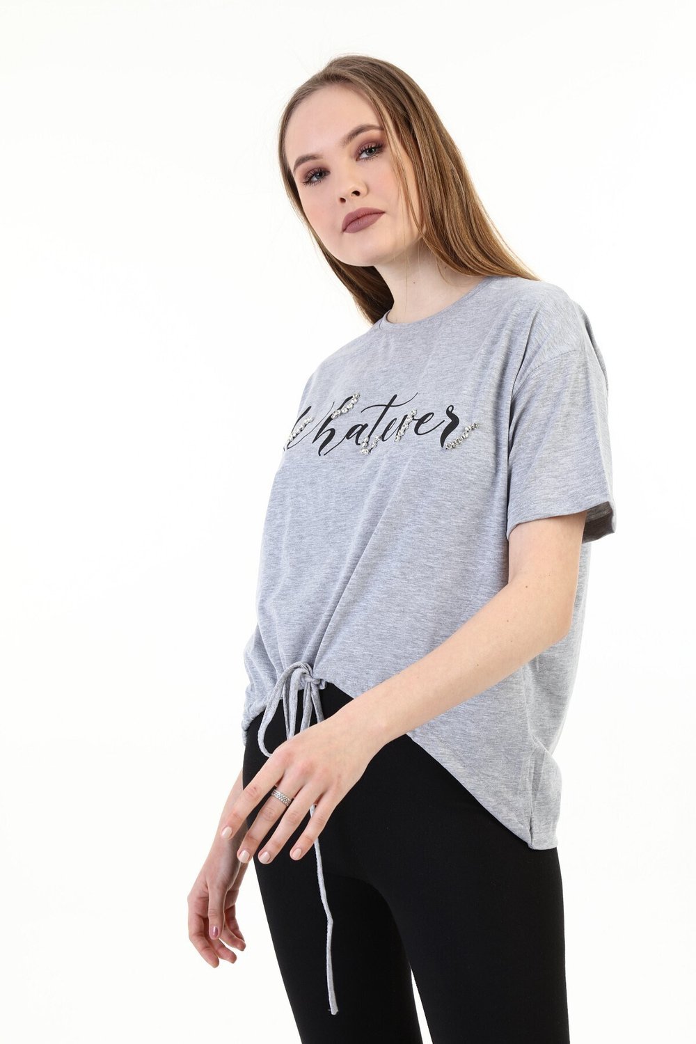 Kadın Taşlı Baskılı Gri T-shirt 20010