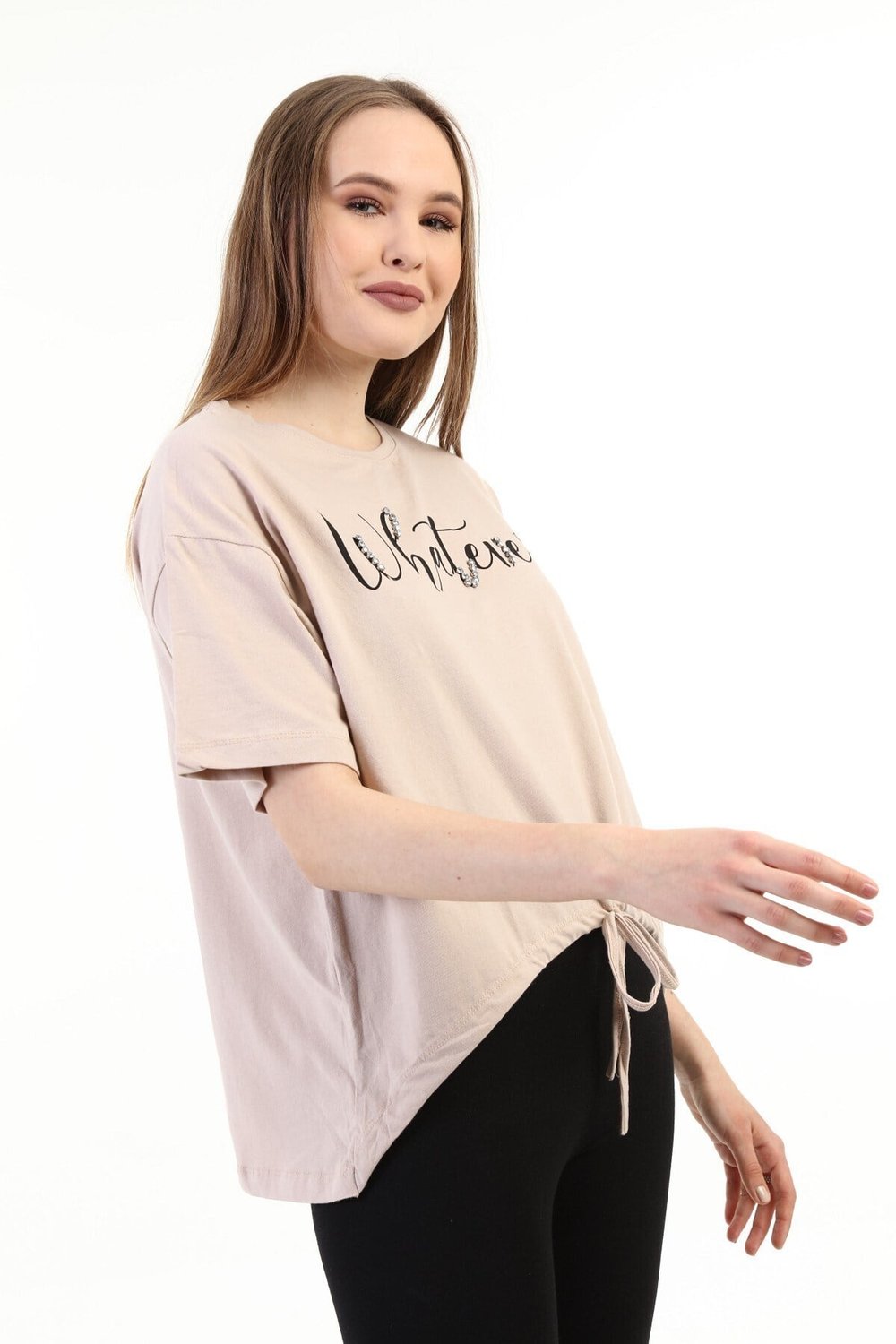 Kadın Taşlı Baskılı Vizon T-shirt 20010