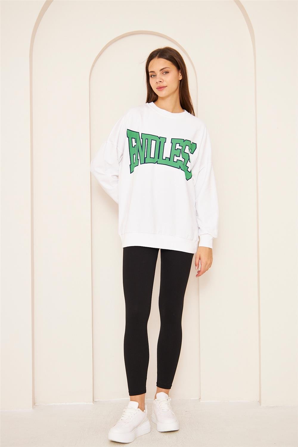 Oversize %100 Pamuklu Şardonlu Sweatshirt 22907B4 -Beyaz