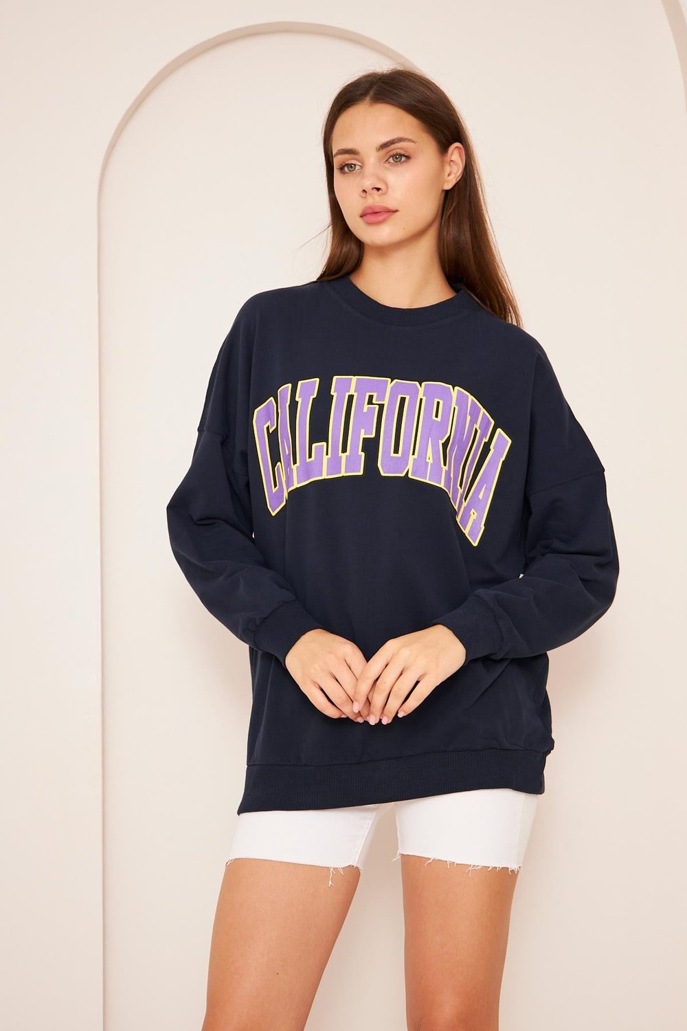 Oversize %100 Pamuklu Şardonlu Sweatshırt 22907b4 -lacivert