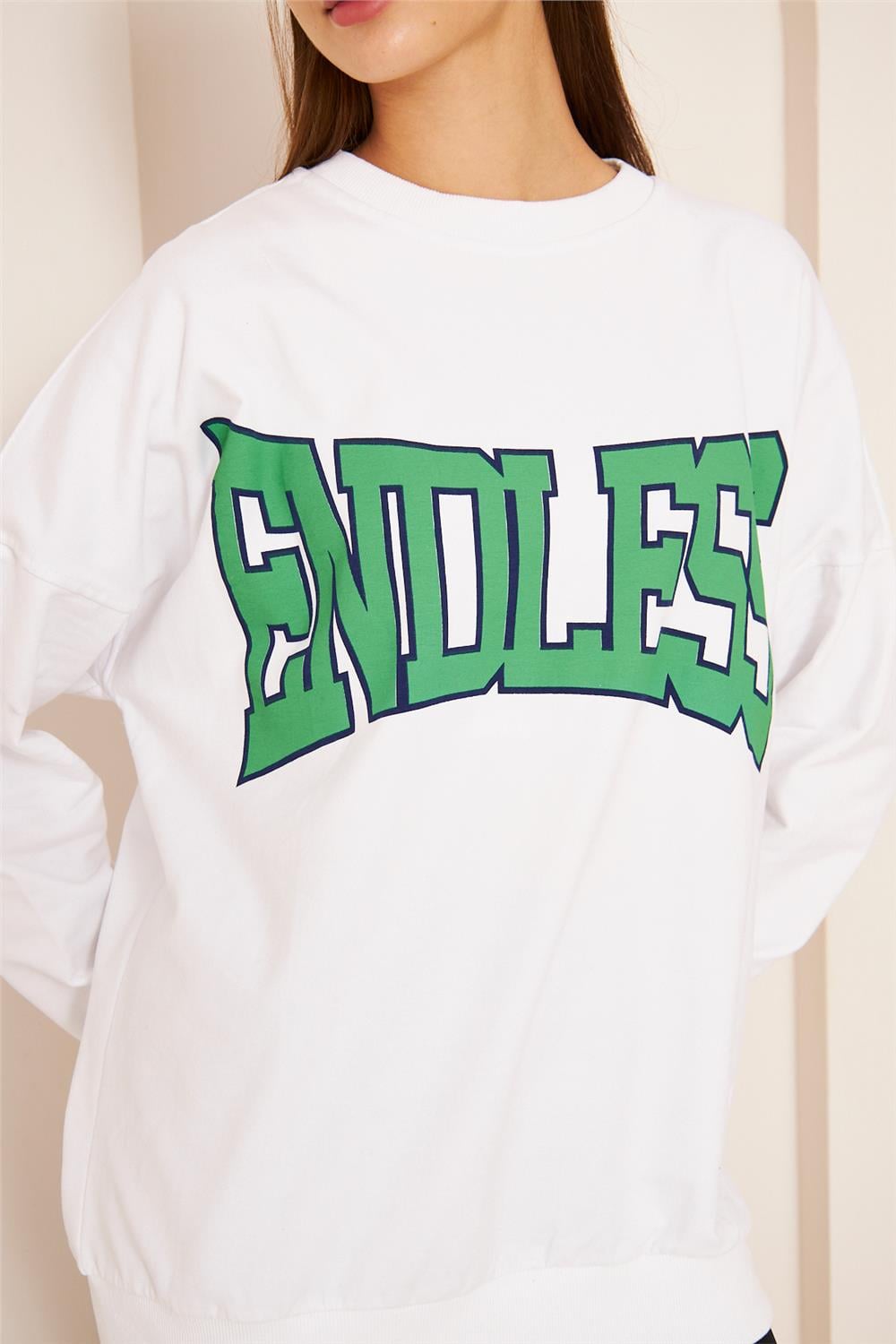 Oversize %100 Pamuklu Şardonlu Sweatshirt 22907B4 -Beyaz