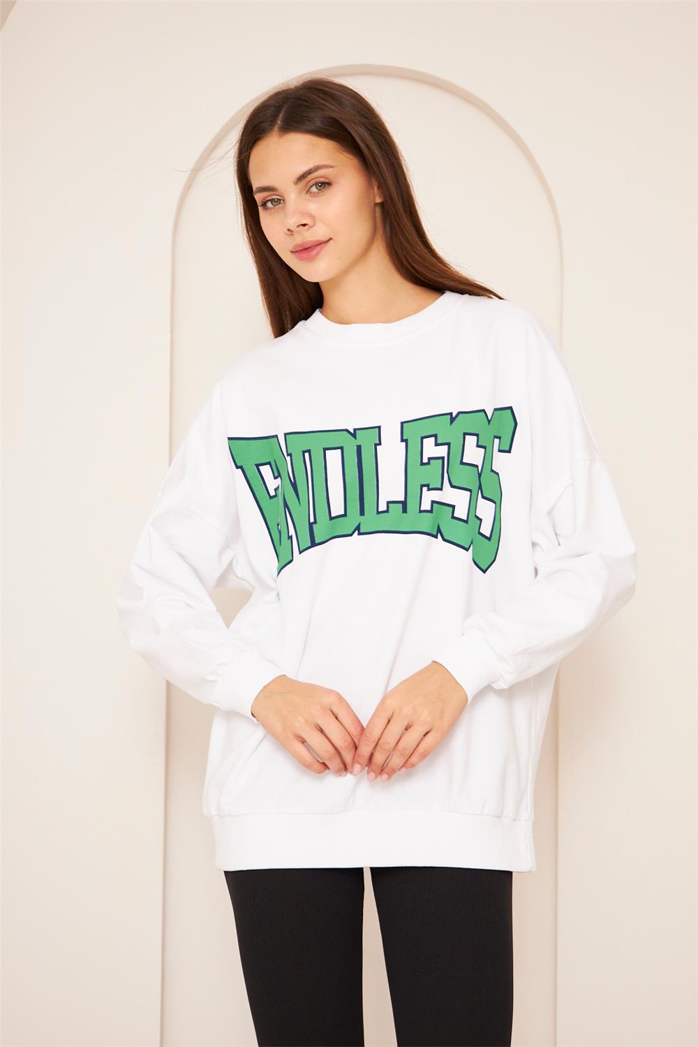 Oversize %100 Pamuklu Şardonlu Sweatshirt 22907B4 -Beyaz