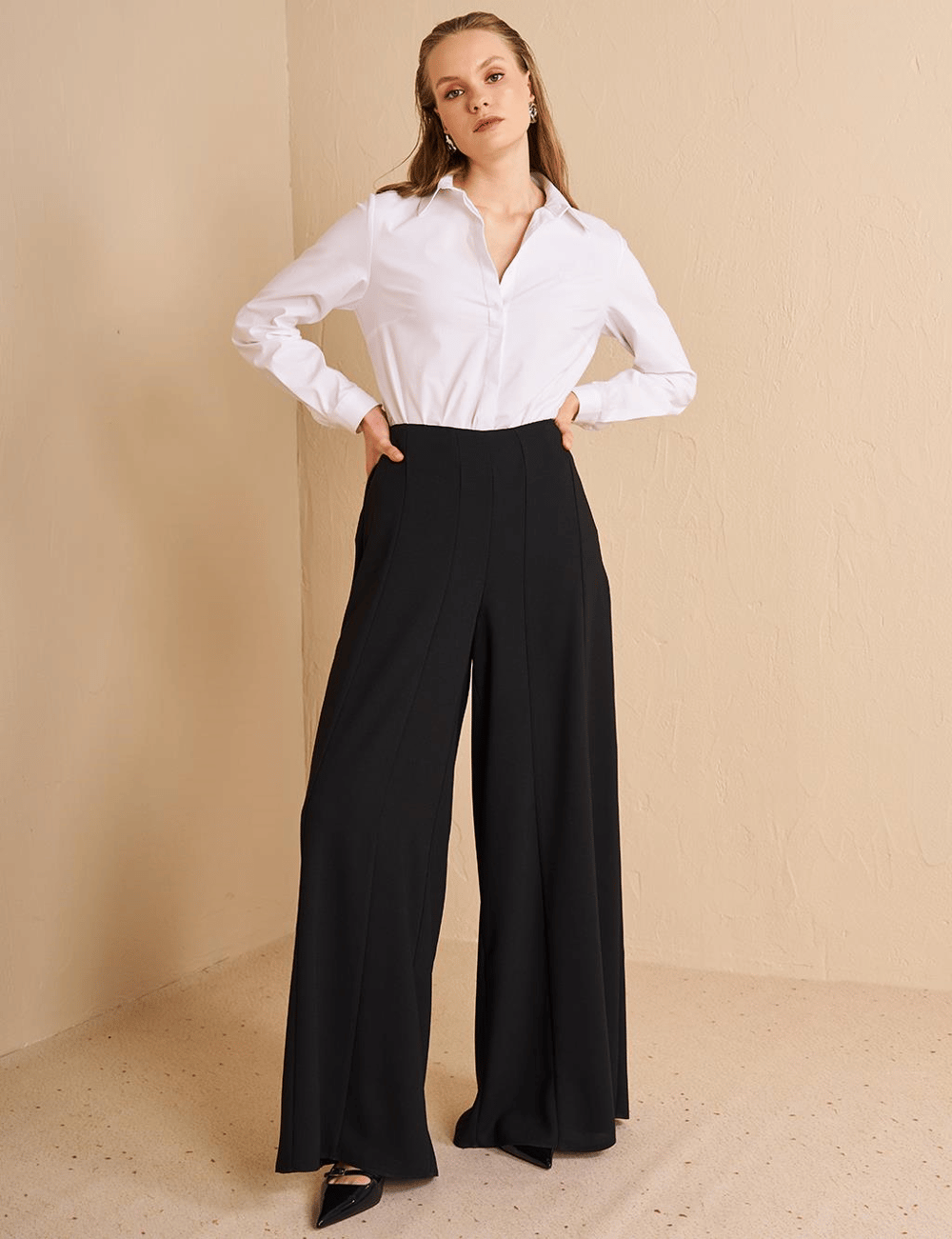 Kayra KA-B25-19124  Kadın Kumaş Parçalı Bol Paça Pantolon