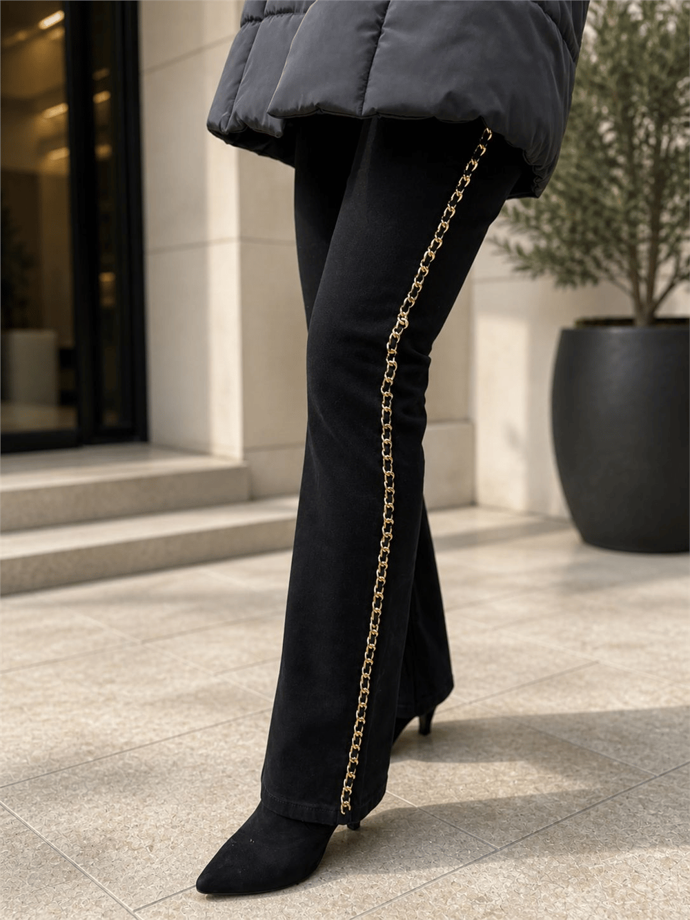 Venöve 26FWPNT0019  Kadın Yandan Gold Zincir Detaylı Denim Pantolon