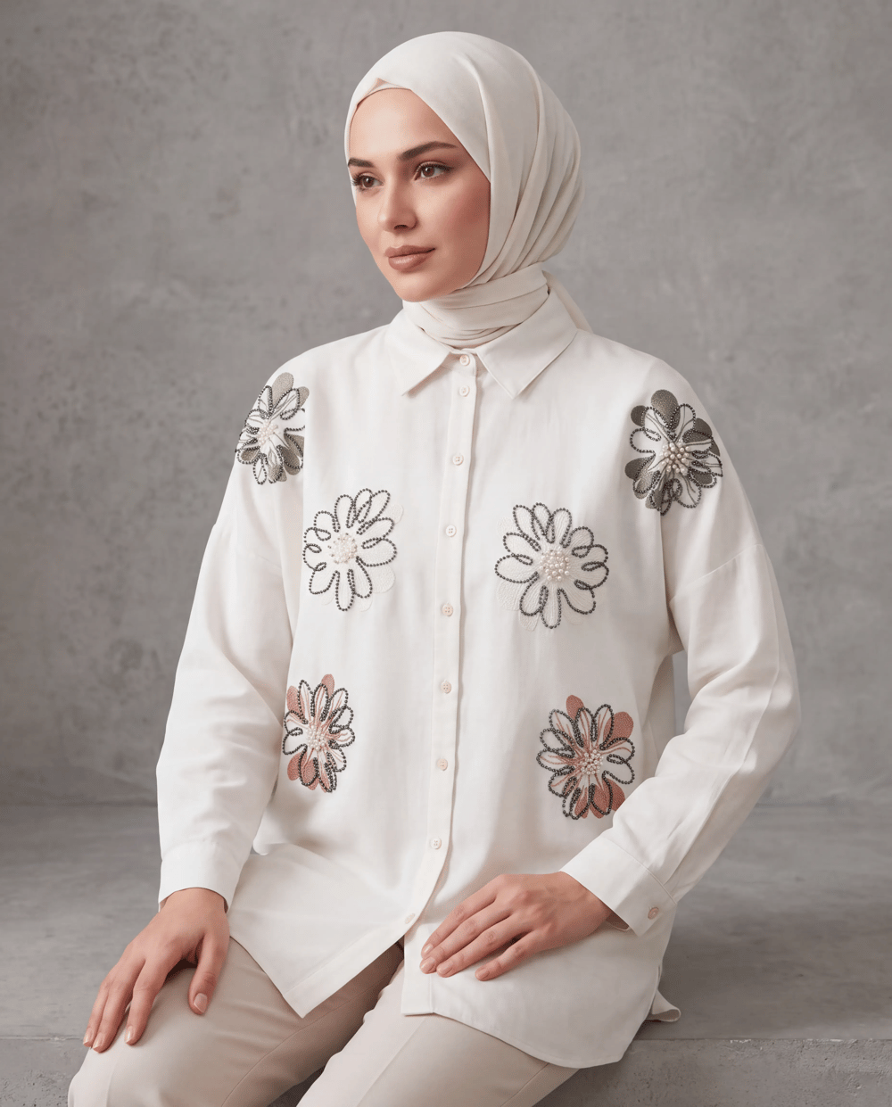 NAKIŞ İŞLEMELİ OVERSİZE KETEN GÖMLEK17551