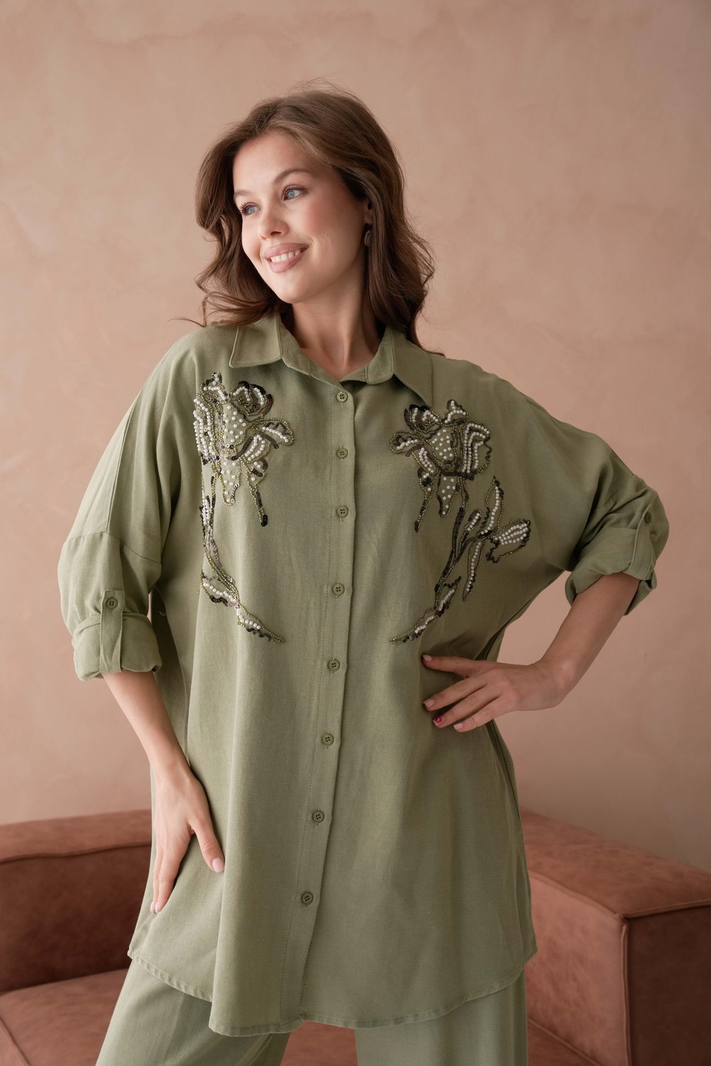 BONCUK NAKIŞ İŞLEMELİ OVERSIZE KETEN GÖMLEK17402