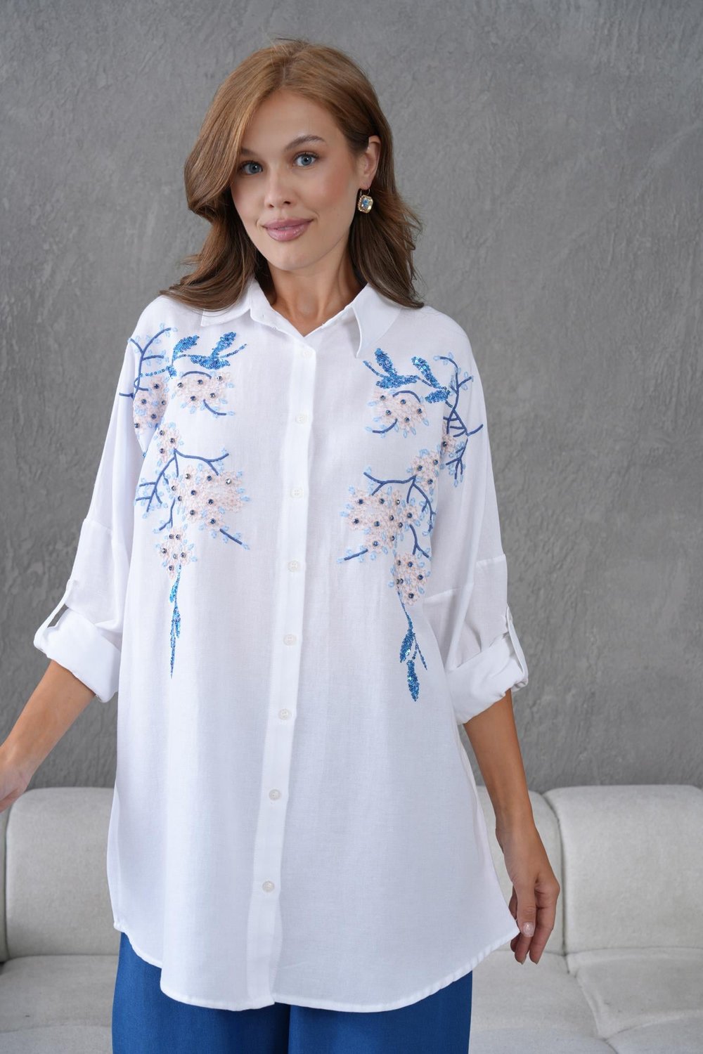 NAKIŞ İŞLEMELİ OVERSIZE KETEN GÖMLEK17429