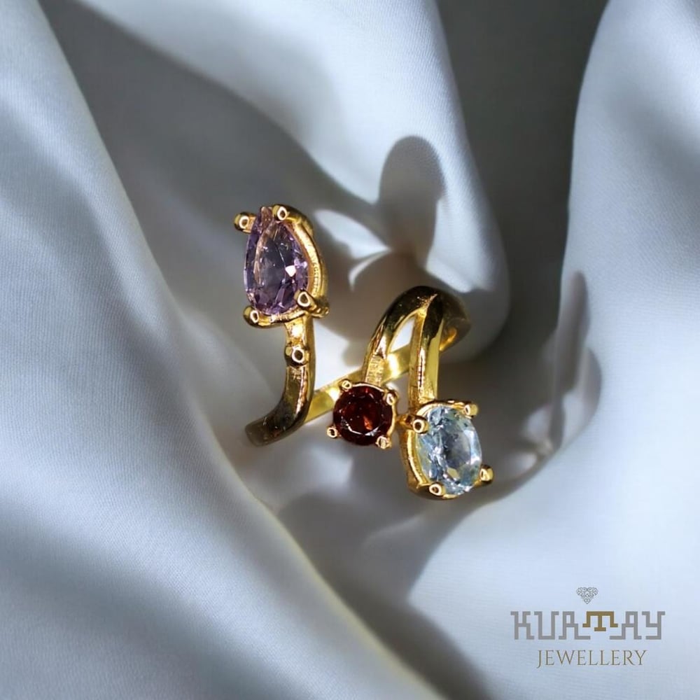 AMETHYST, GARNET and BLUE TOPAZ GEMSTONE 22K GOLD-PLATED 925 STERLING SILVER RING