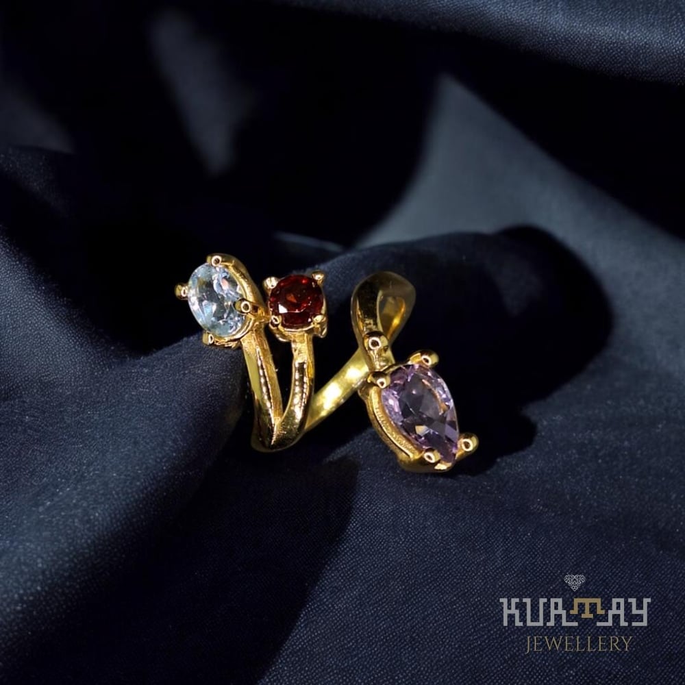 AMETHYST, GARNET and BLUE TOPAZ GEMSTONE 22K GOLD-PLATED 925 STERLING SILVER RING