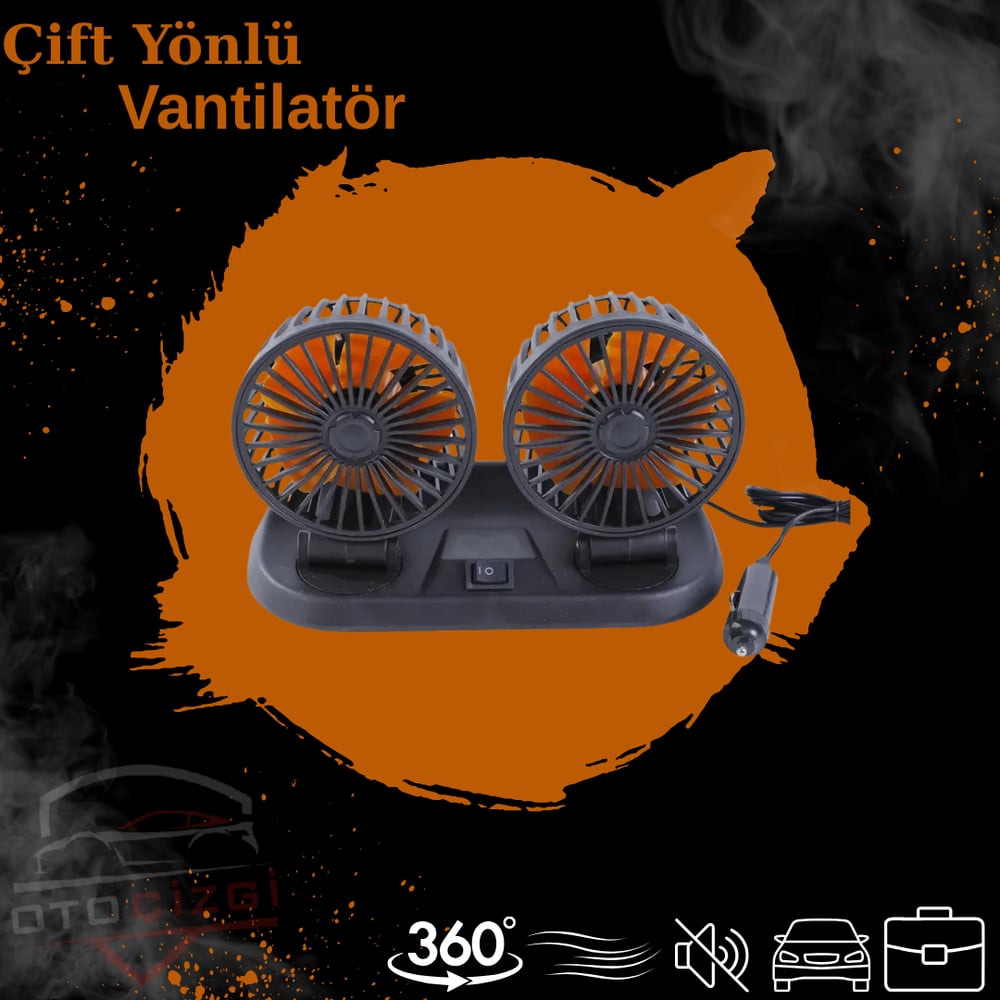Çift Başlı 360° Dönebilen Araç Fanı – Çakmaklık Girişli