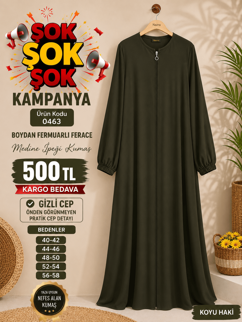 0463 MEDİNE İPEĞİ BOYDAN FERMUARLI FERACE HAKİ 