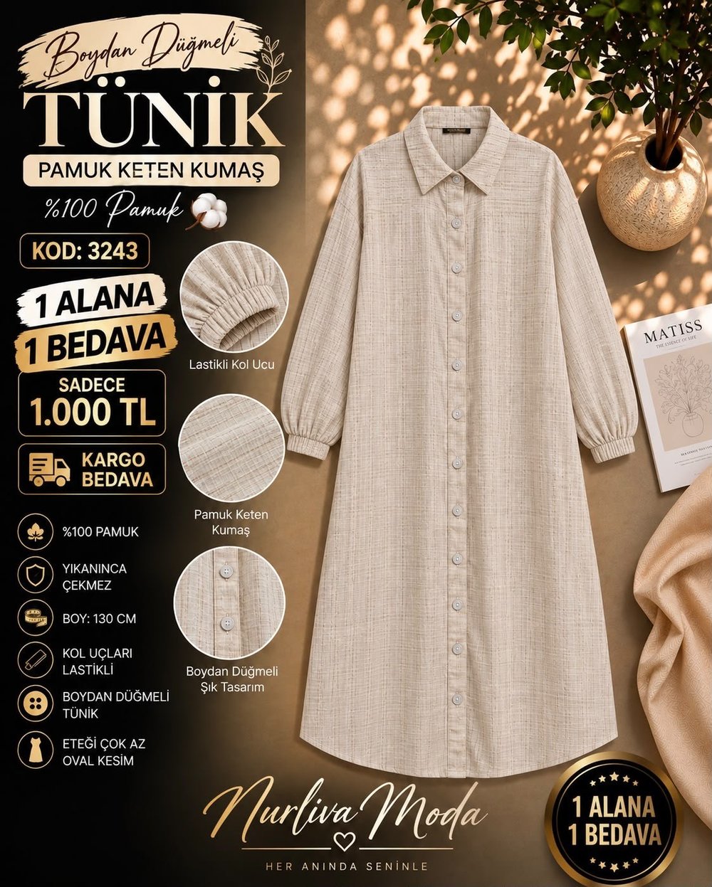 1 ALANA 1 BEDAVA 1000 TL KARGO BEDAVA PAMUK KETEN TUNİK TAŞ 
