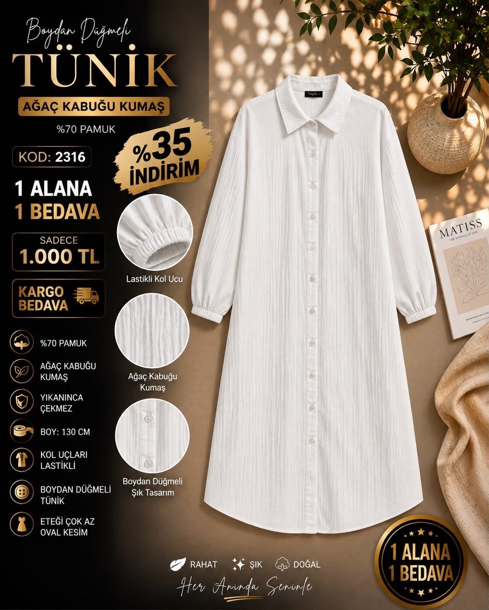 1 ALANA 1 BEDAVA 1000 TL KARGO BEDAVA AĞAÇ KABUĞU KUMAŞ TUNİK  EKRU 
