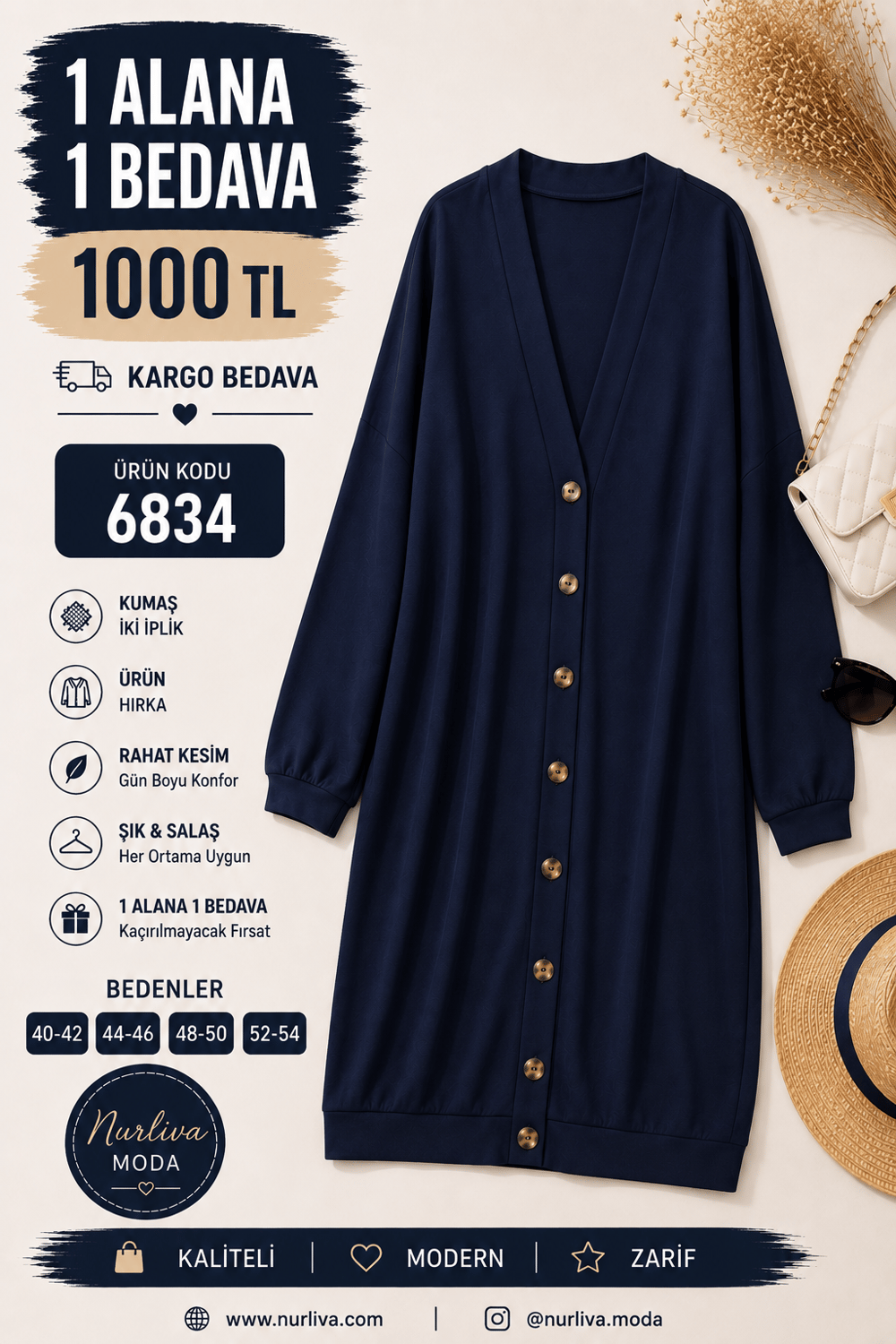 1 ALANA 1 BEDAVA 1000 TL KARGO BEDAVA İKİ İPLİK HIRKA LACİVERT 