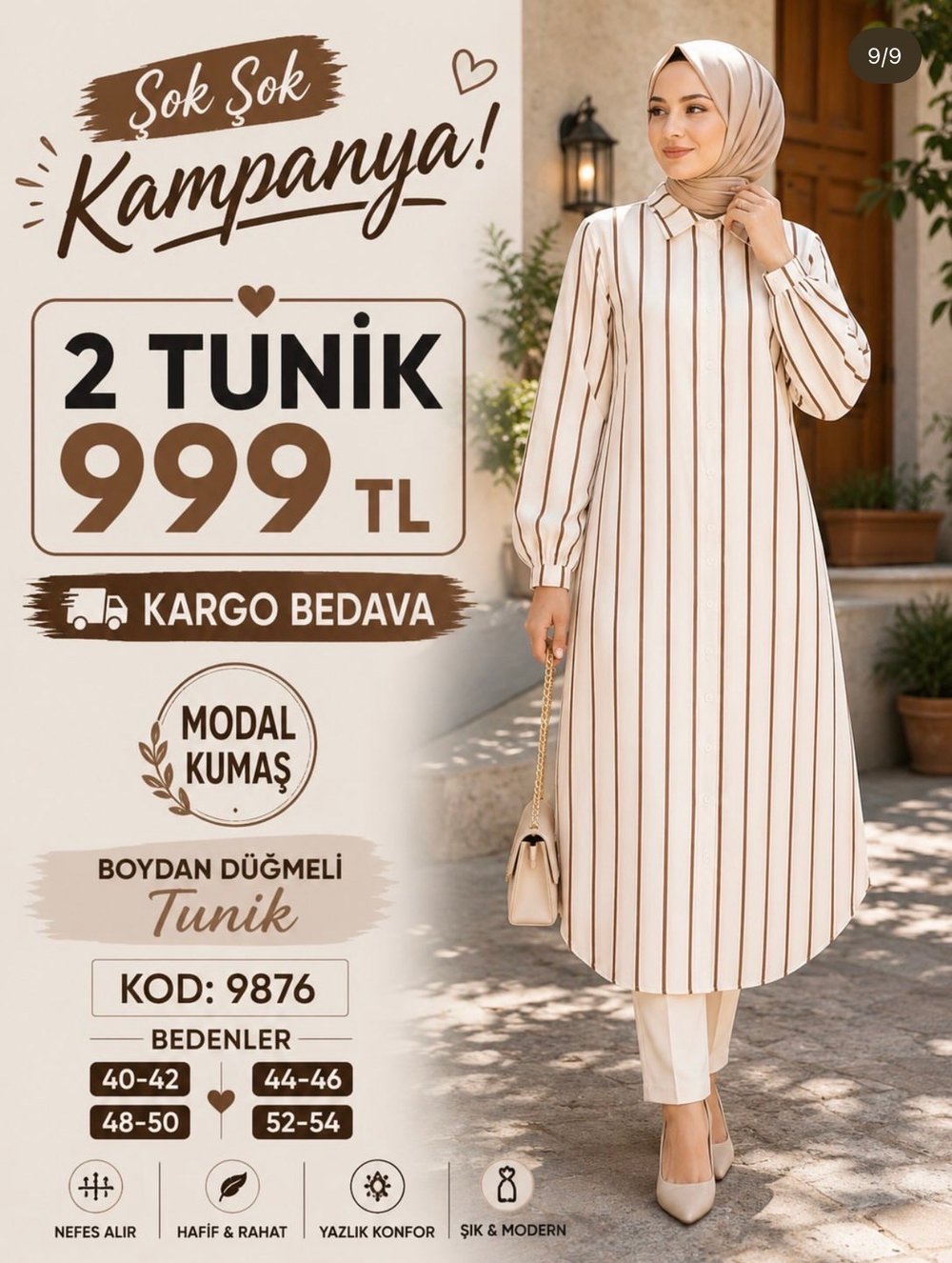 1 ALANA 1 BEDAVA 1000 TL KARGO BEDAVA MODAL KUMAŞ BOYDAN DÜĞMELİ TUNİK  KAHVERENGİ ÇİZGİLİ 