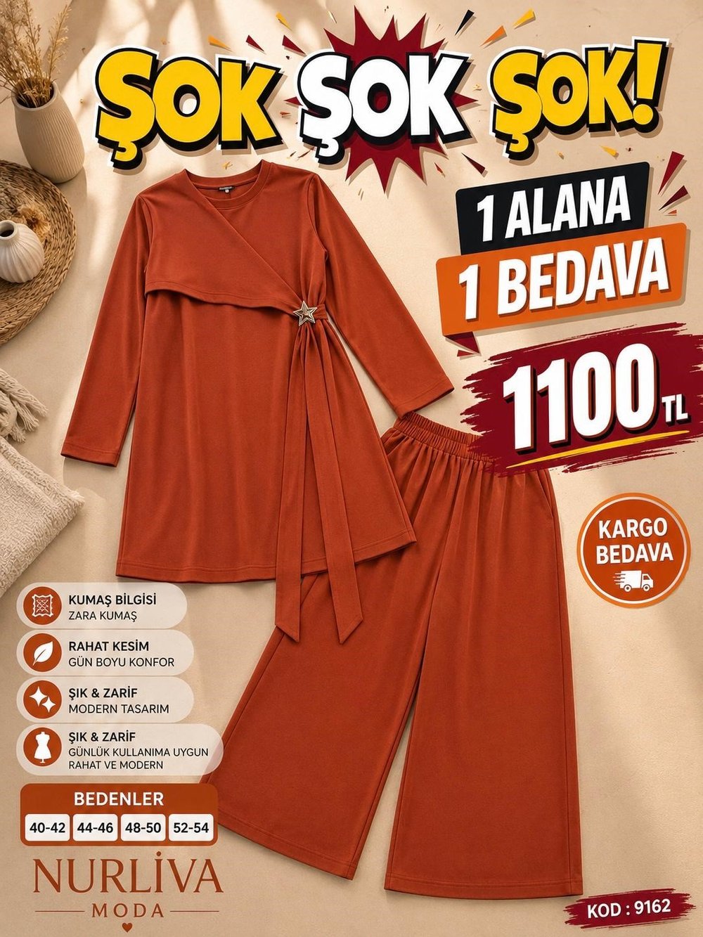 1 ALANA 1 BEDAVA  1100 TL KARGO BEDAVA DABIL KUMAŞ YANDAN BAĞLAMA DETAYLI PANTOLONLU TAKIM TURUNCU 
