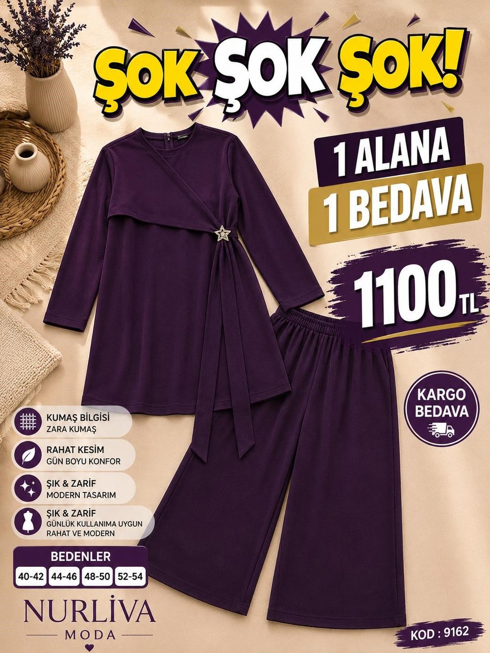 1 ALANA 1 BEDAVA  1100 TL KARGO BEDAVA DABIL KUMAŞ YANDAN BAĞLAMA DETAYLI PANTOLONLU TAKIM MOR 