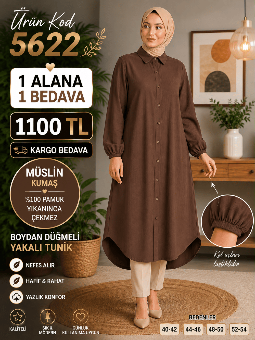 1 ALANA 1 BEDAVA 1100 TL KARGO BEDAVA MÜSLİM KUMAŞ BOYDAN DÜĞMELİ TUNİK KAHVERENGİ 