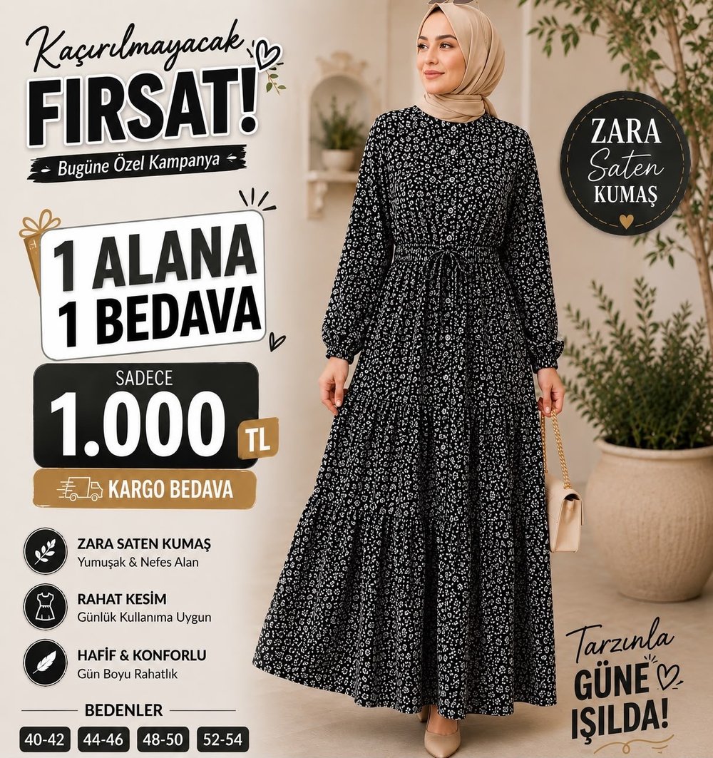 1 ALANA 1 BEDAVA 1100 TL KARGO BEDAVA ÇİÇEK DESENLİ ZARA SATEN KUMAŞ ELBİSE SİYAH 