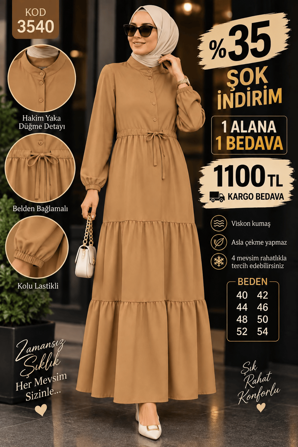 1 ALANA 1 BEDAVA 1100 TL KARGO BEDAVA VİSKON KUMAŞ ELBİSE  HARDAL SARISI 