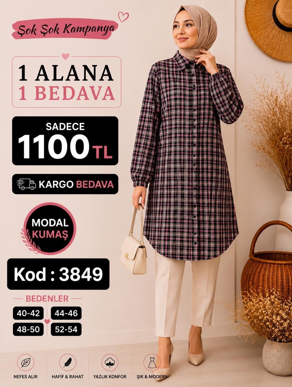 1 ALANA  1 BEDAVA 1100 TL KARGO BEDAVA EKOSE DESEN MODAL KUMAŞ BOYDSAN DÜĞMELİ TUNİK PEMBE 