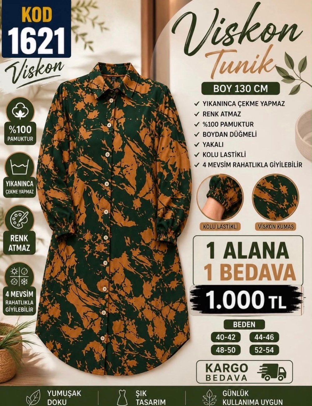 1 ALANA 1 BEDAVA 1100 TL KARGO BEDAVA VİSKON KUMAŞ BOYDAN DÜĞMELİ TUNİK YEŞİL - SÜTLÜ KAHVE 