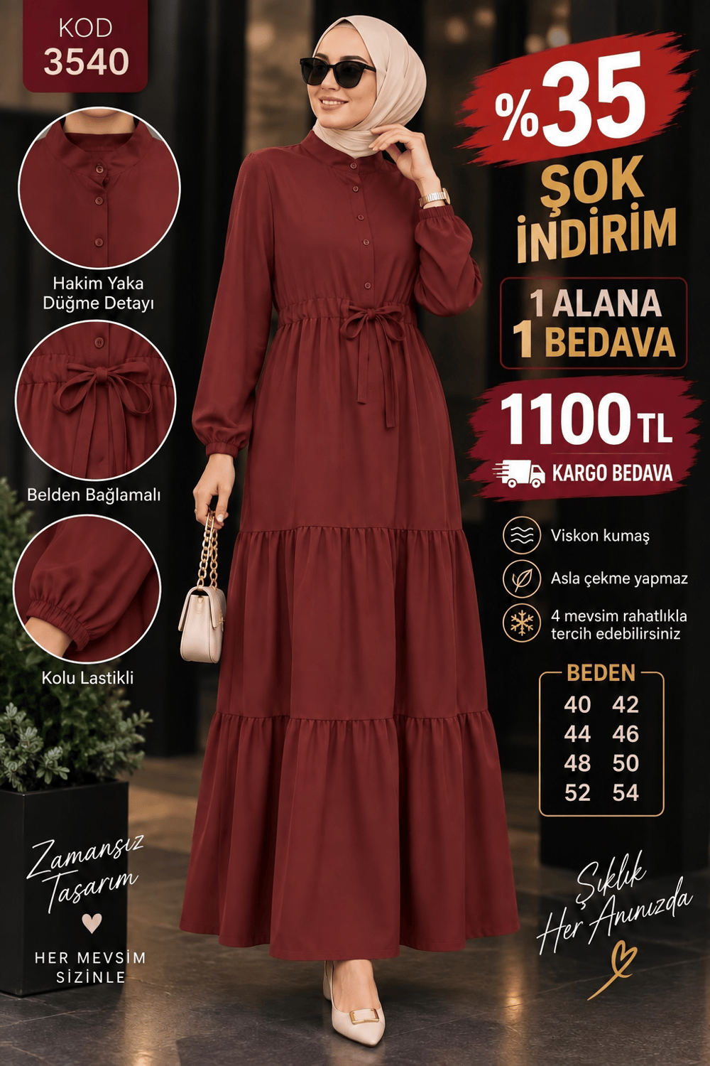 1 ALANA 1 BEDAVA 1100 TL KARGO BEDAVA VİSKON KUMAŞ ELBİSE  BORDO 