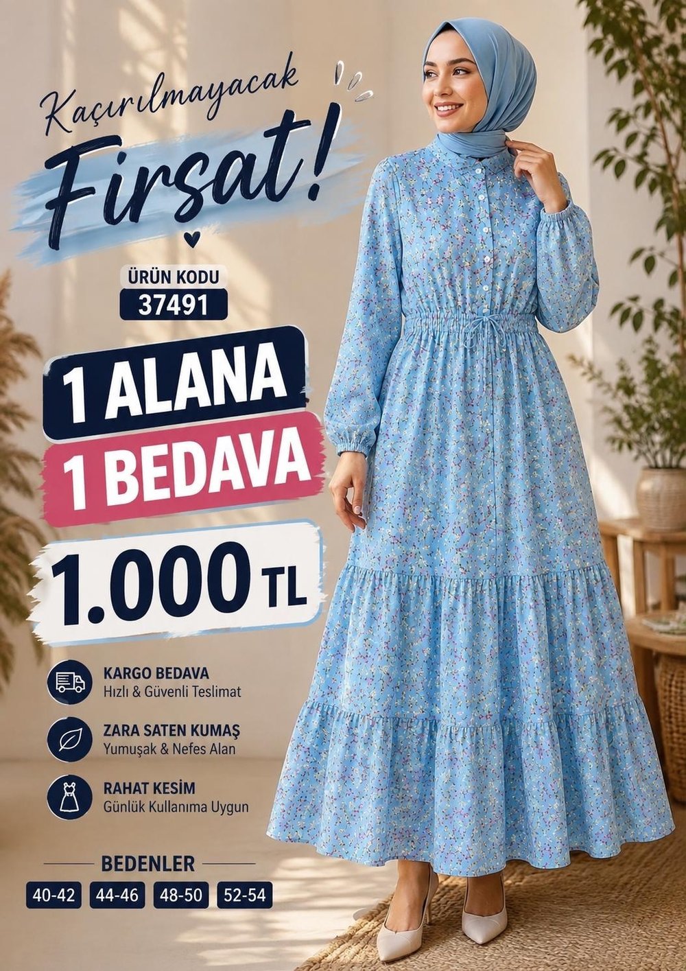 	1 ALANA 1 BEDAVA 1100 TL KARGO BEDAVA ÇİÇEK DESENLİ ZARA SATEN KUMAŞ ELBİSE   MAVİ 