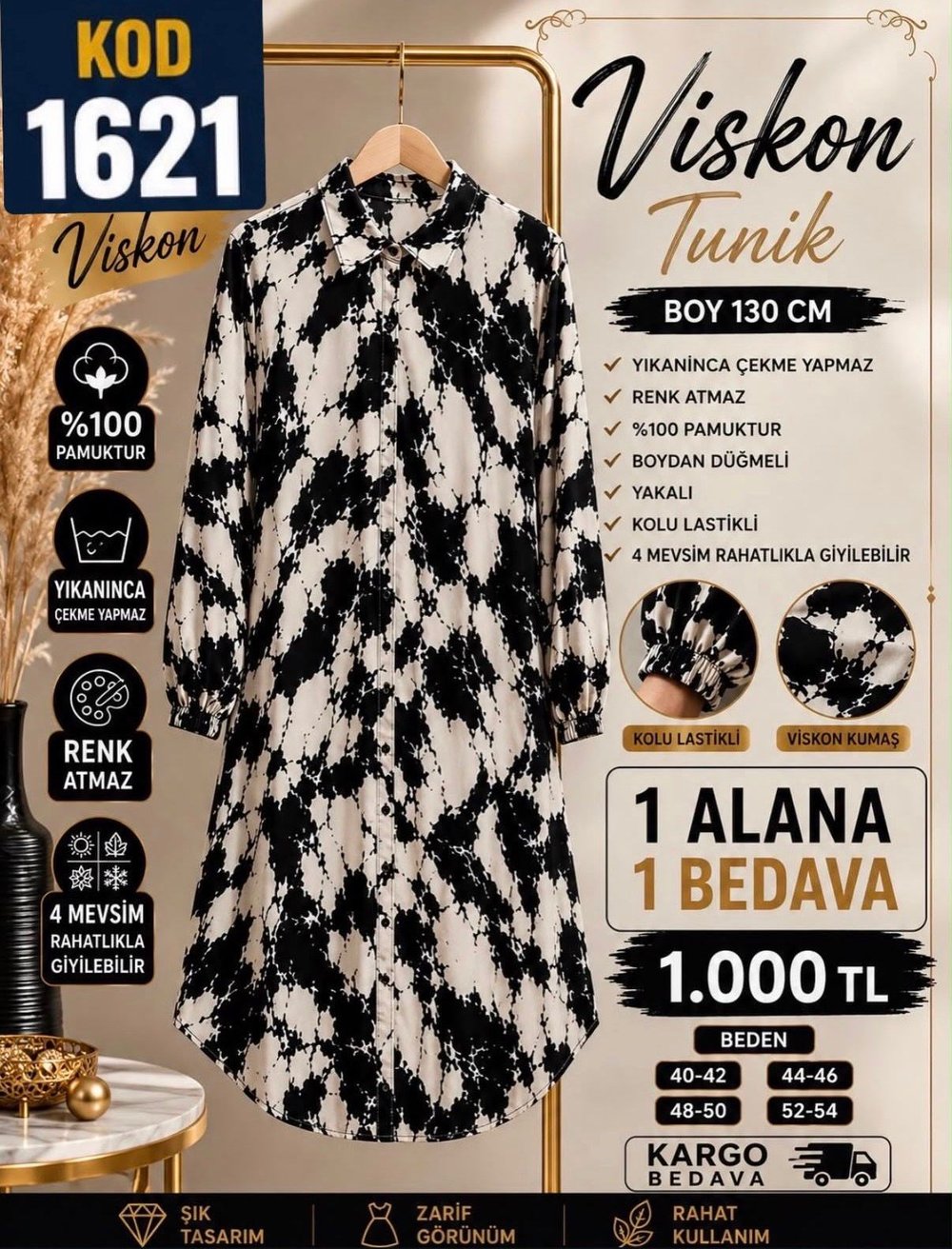 1 ALANA 1 BEDAVA 1100 TL KARGO BEDAVA VİSKON KUMAŞ BOYDAN DÜĞMELİ TUNİK SİYAH - BEYAZ 