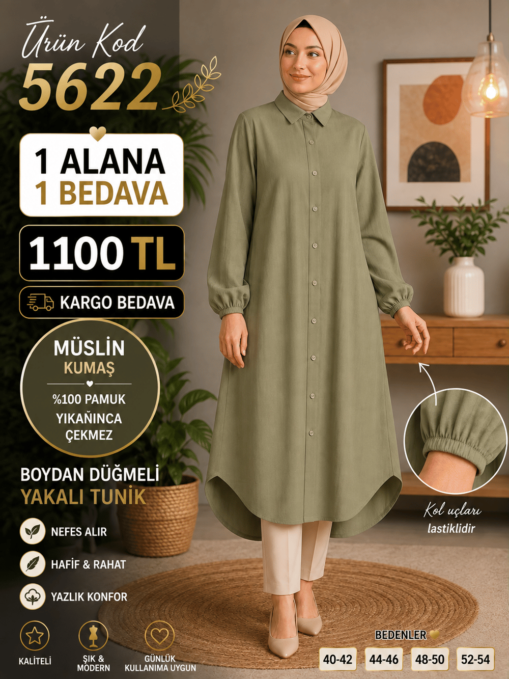 1 ALANA 1 BEDAVA 1100 TL KARGO BEDAVA MÜSLİM KUMAŞ BOYDAN DÜĞMELİ TUNİK HAKİ 