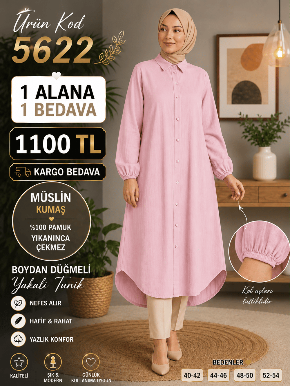 1 ALANA 1 BEDAVA 1100 TL KARGO BEDAVA MÜSLİM KUMAŞ BOYDAN DÜĞMELİ TUNİK PEMBE 