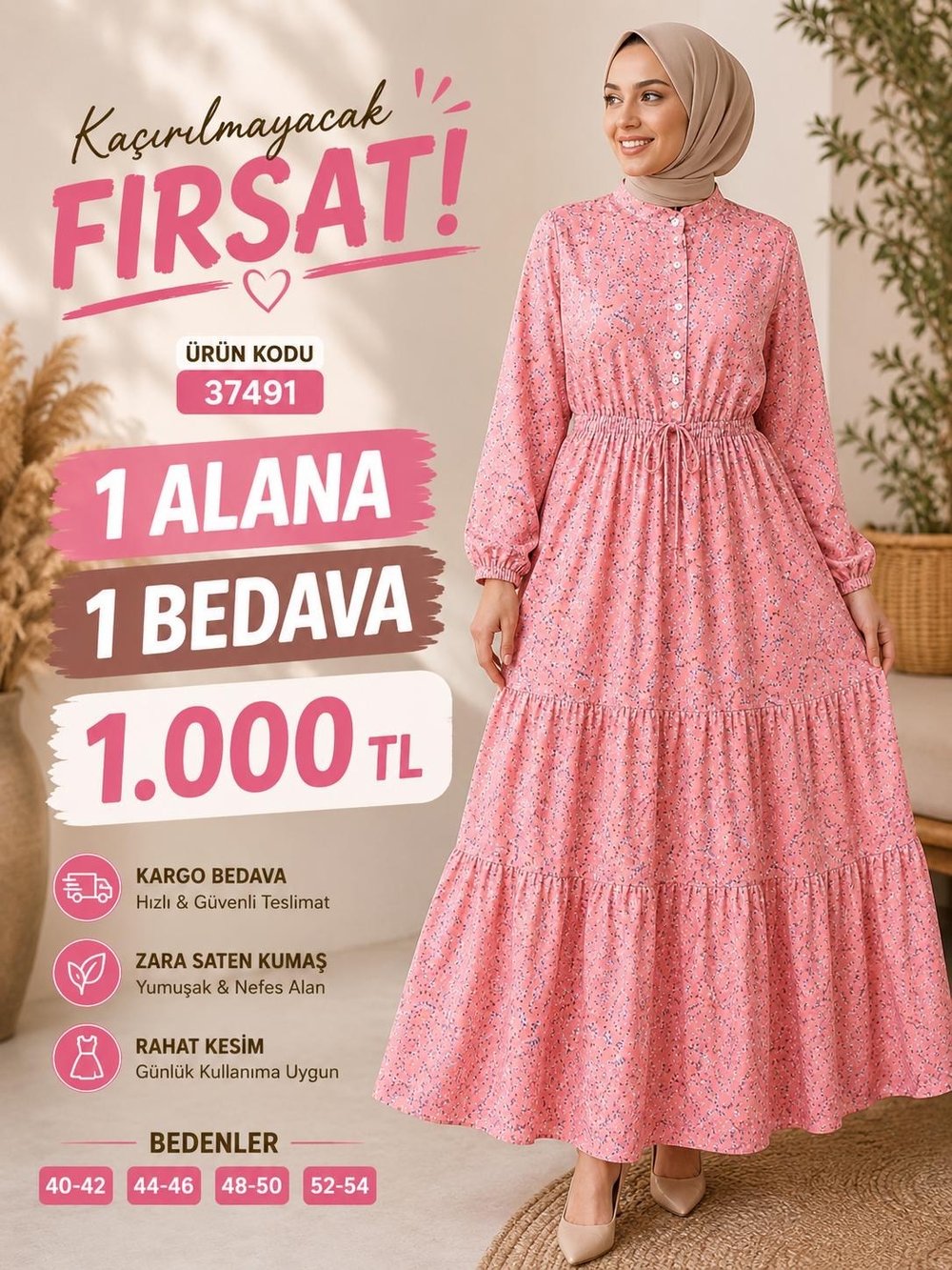 1 ALANA 1 BEDAVA 1100 TL KARGO BEDAVA ÇİÇEK DESENLİ ZARA SATEN KUMAŞ ELBİSE  PEMBE 